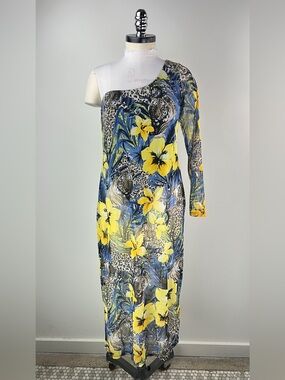 💚 3934. One-Shoulder Yellow Floral & Blue Tropical Print Long Tunic